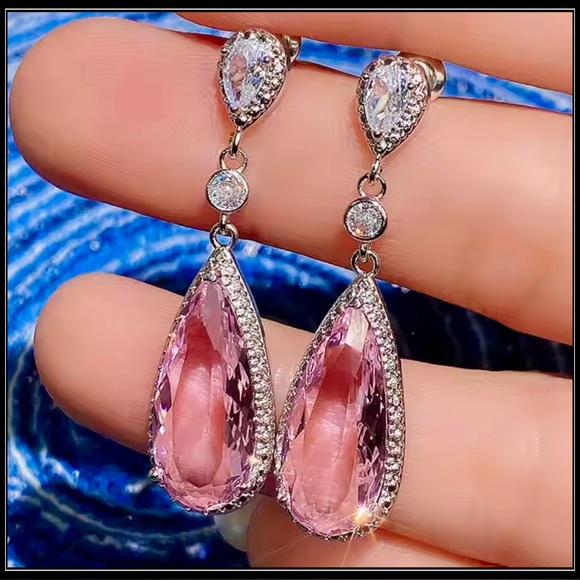 NEW WHITE GOLD PINK AMETHYST ORNATE DROP 3ct PEAR EARRINGS - Picture 2 of 4
